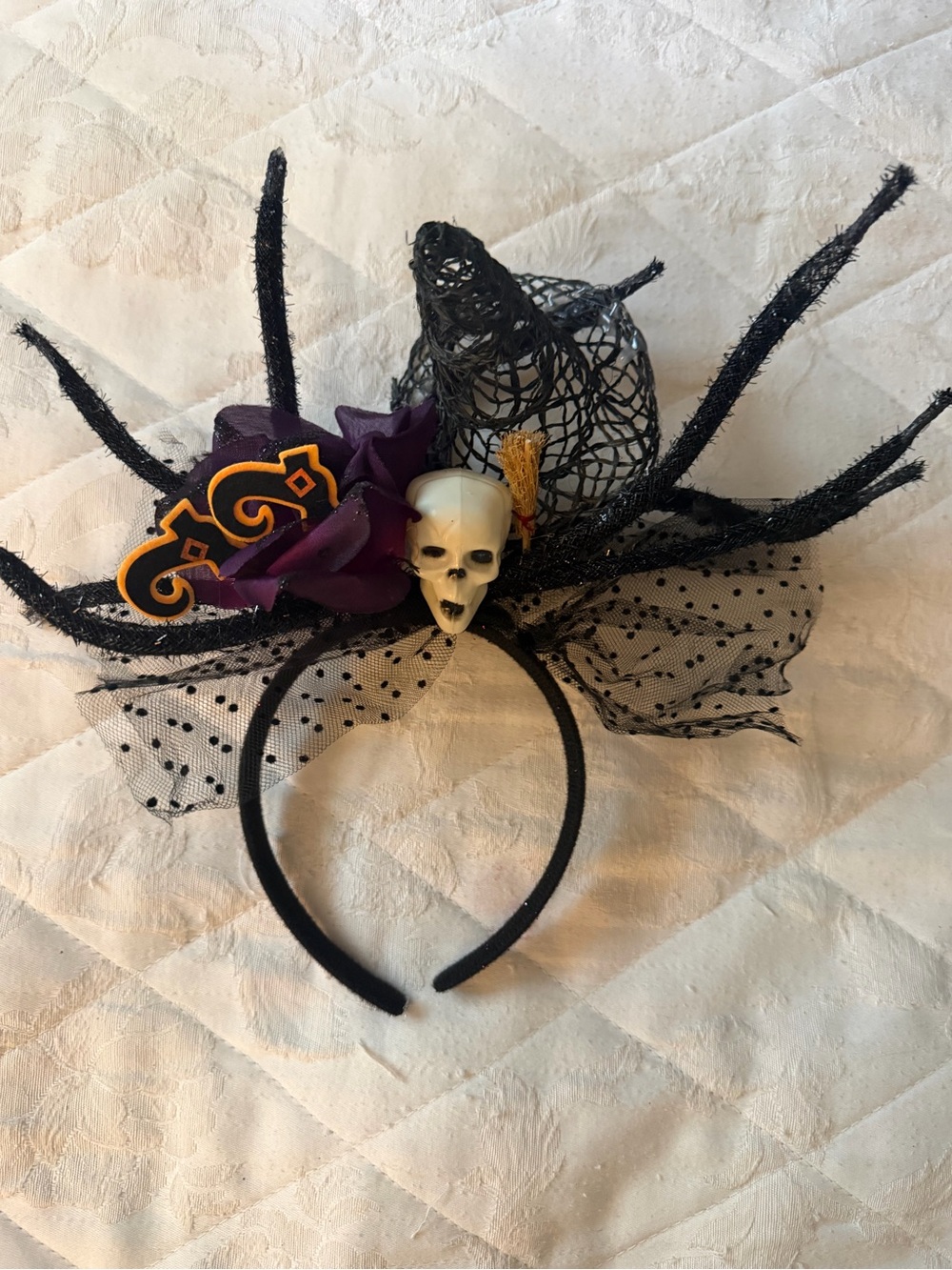 Halloween Skull & Spider Veil Headband with Purple Flower
